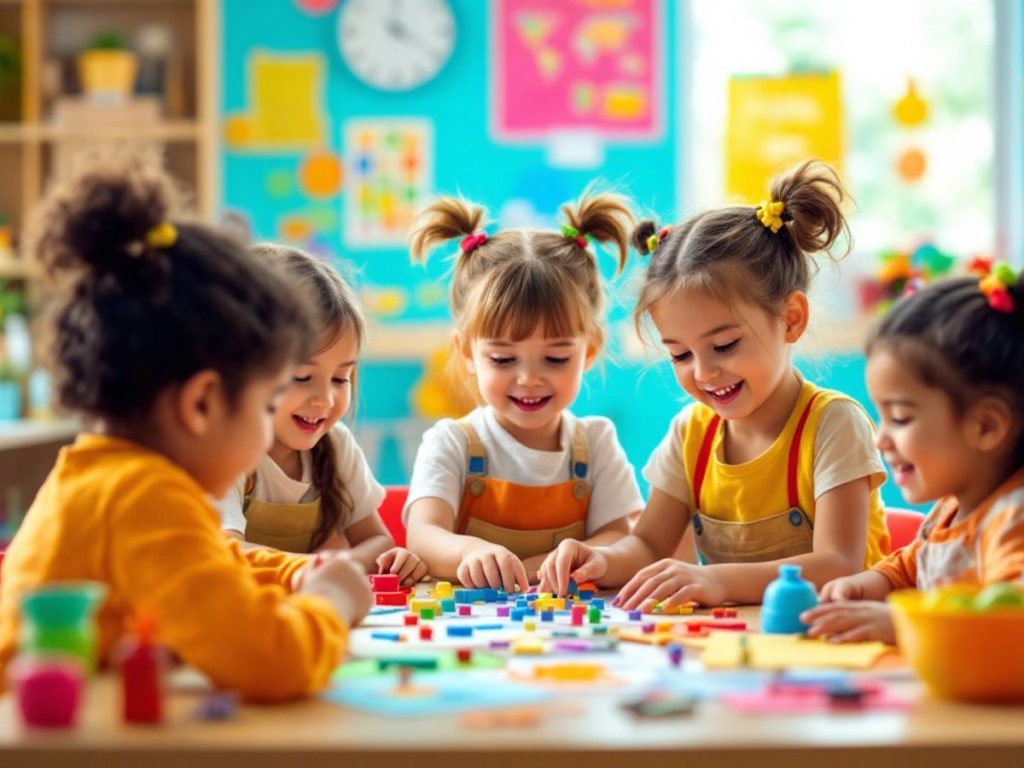 Copii învățând într-o clasă plină de culoare.