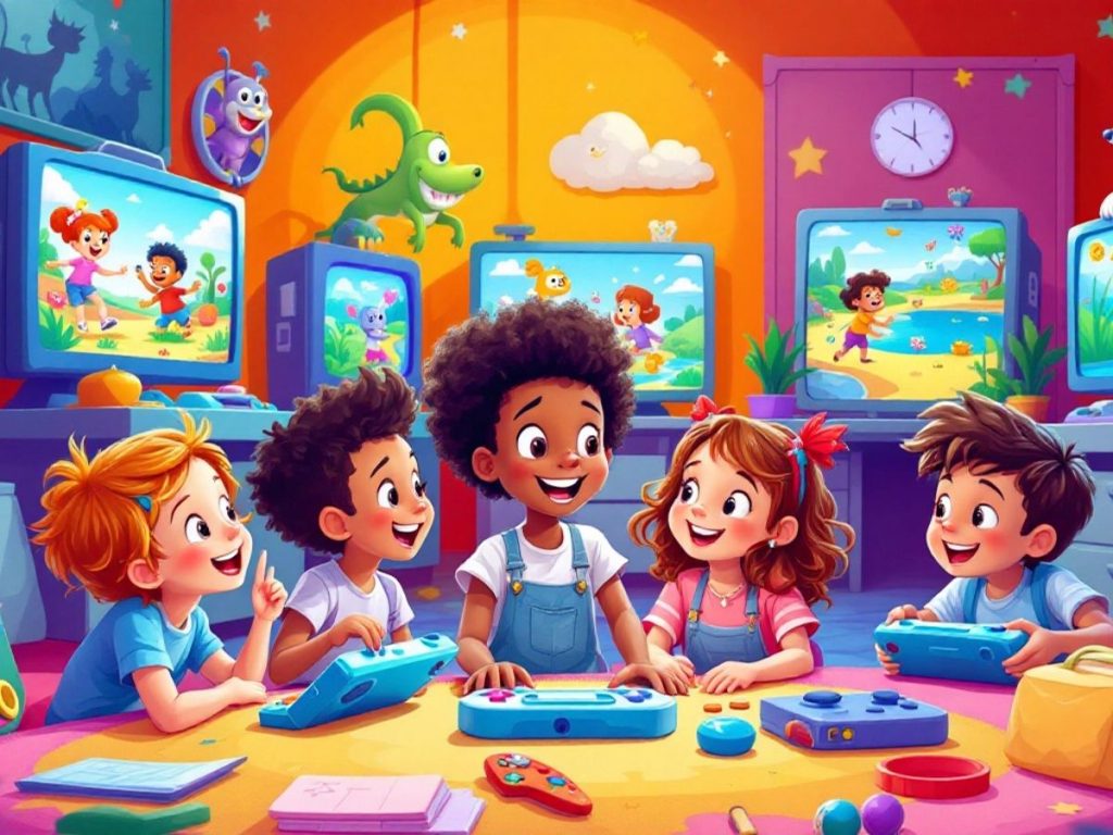 Copii jucându-se jocuri video educative.