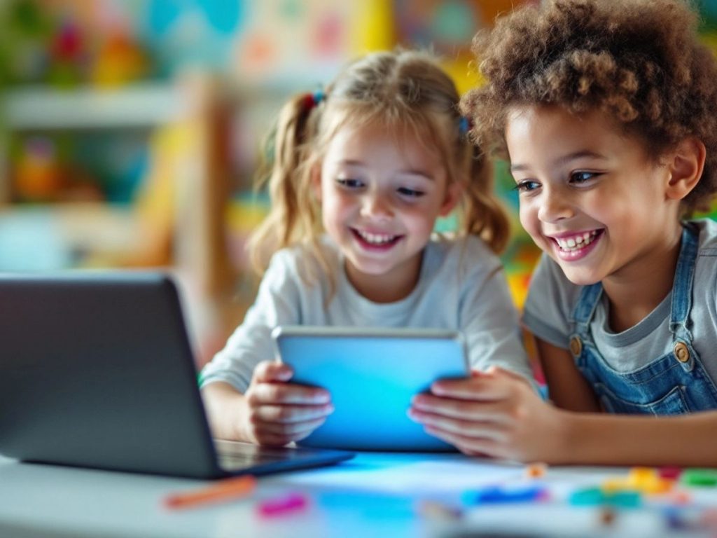 Copii jucându-se cu dispozitive digitale într-un mediu vesel.