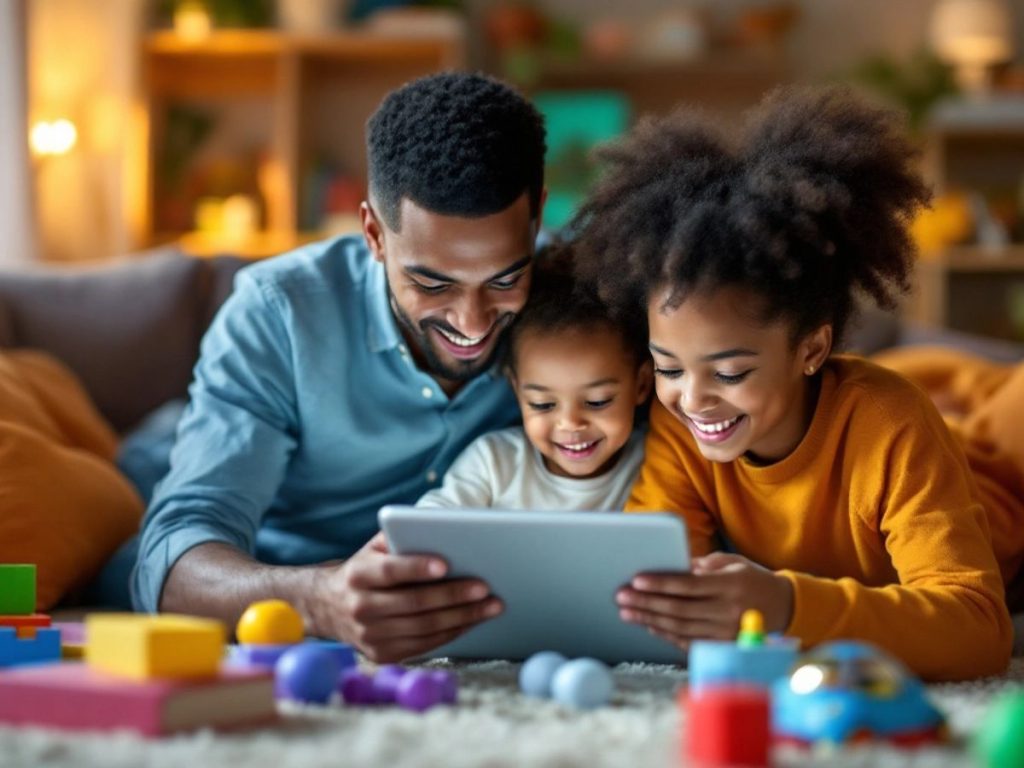 Părinte și copil folosind o tabletă într-o cameră primitoare.
