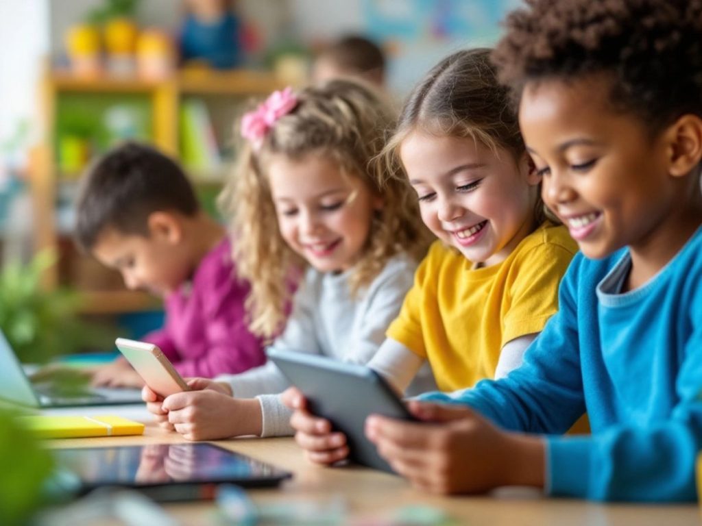 Copii folosind tehnologia pentru învățare interactivă.