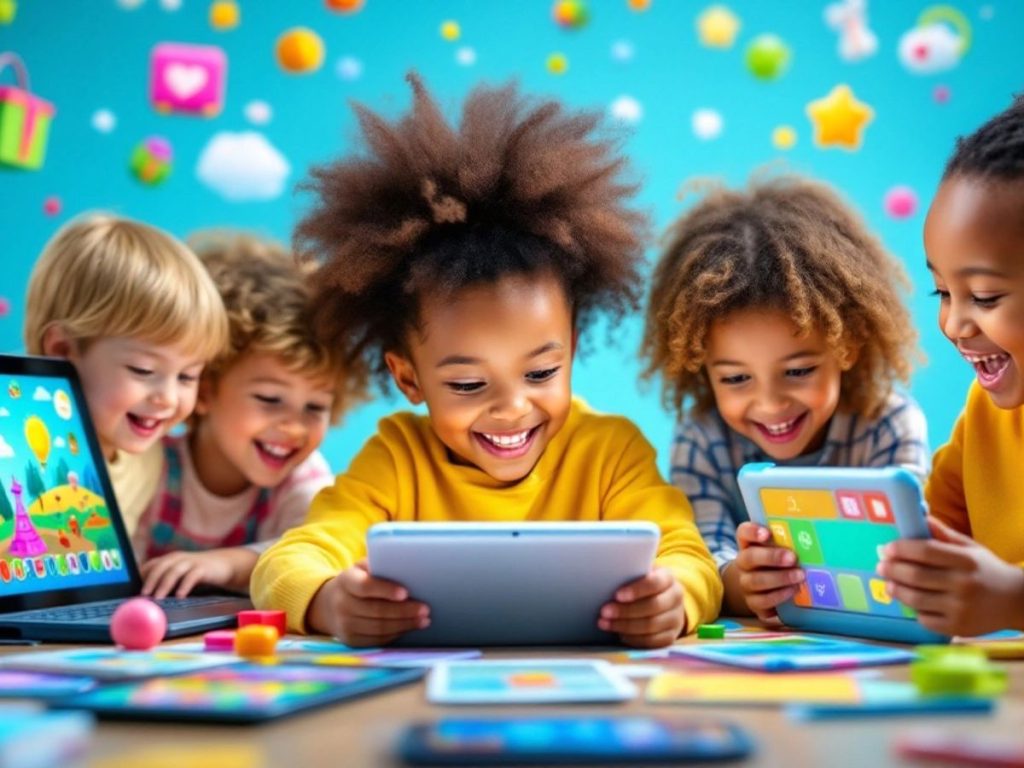 Copii jucându-se cu dispozitive digitale colorate.