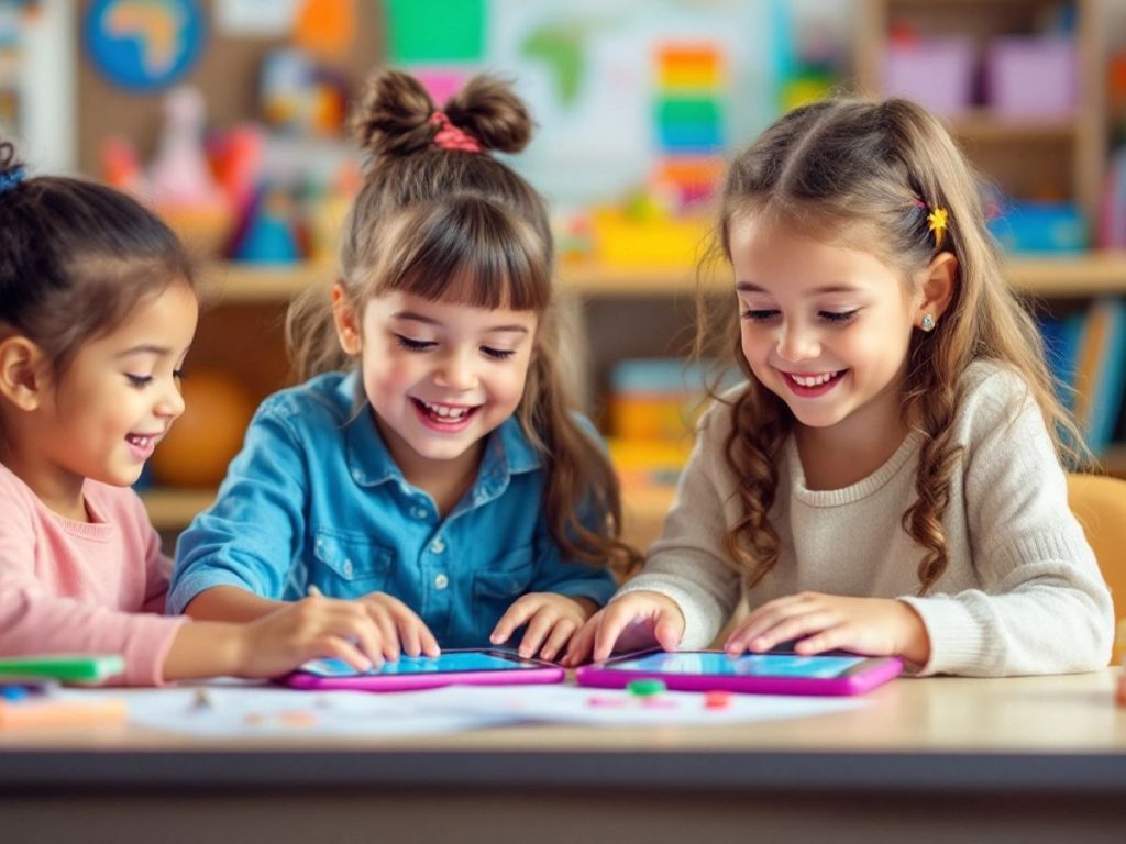 Copii jucându-se pe tablete în clasă.