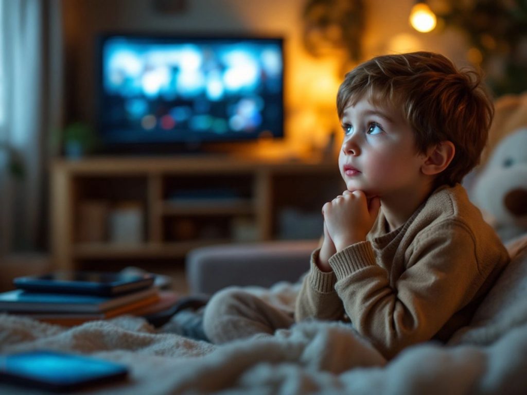 Copil urmărind televizorul înconjurat de dispozitive digitale.