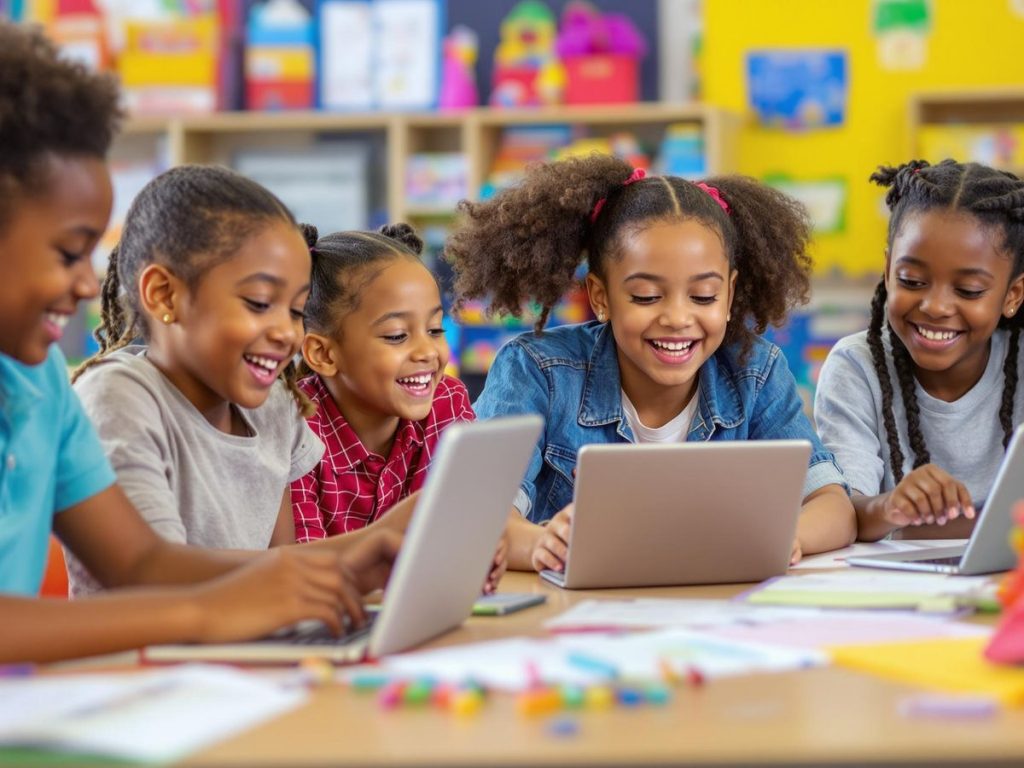 Copii învățând cu laptopuri și tablete în clasă.