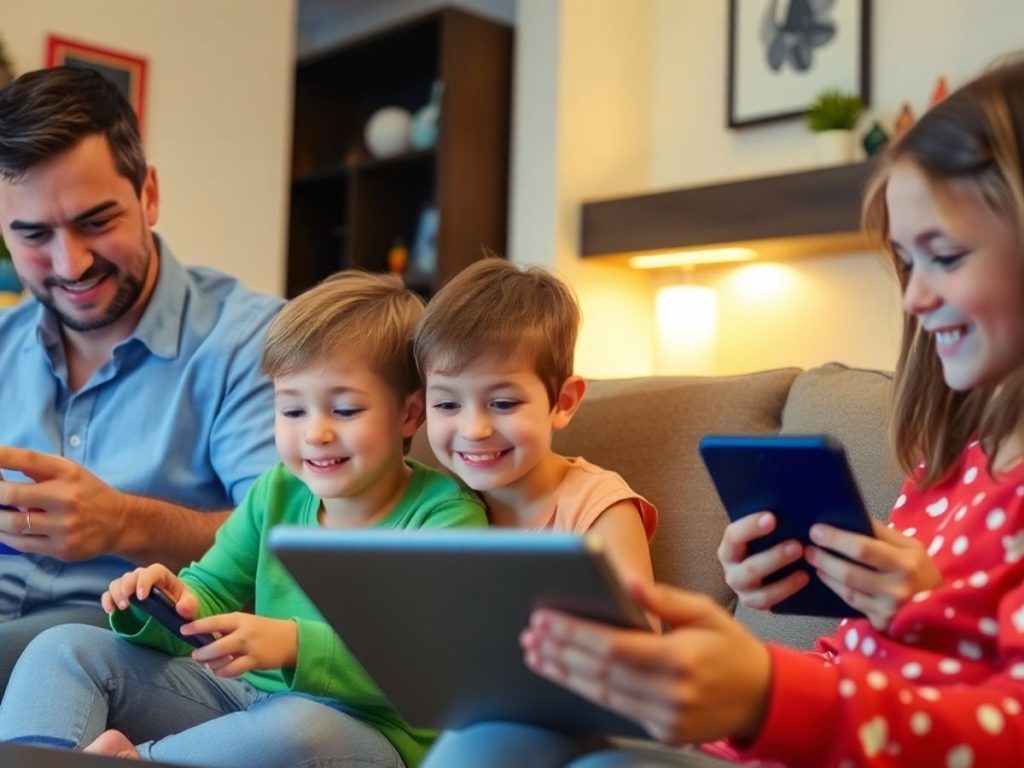 Copii folosind dispozitive digitale în siguranță acasă.