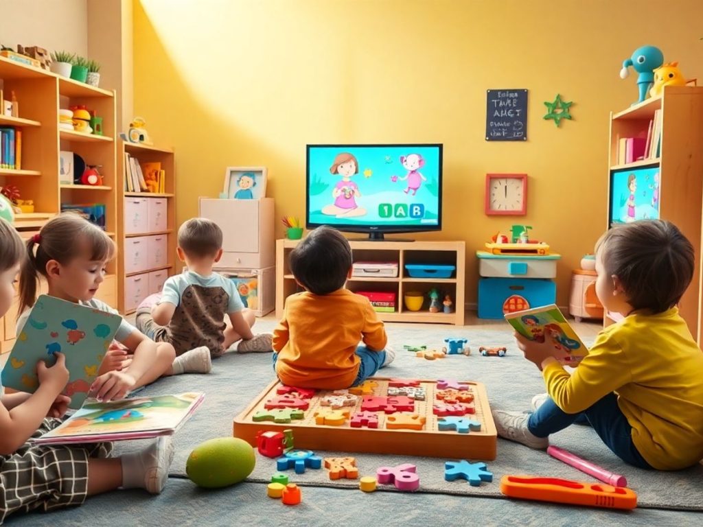 Copii învățând prin jocuri și emisiuni educative.