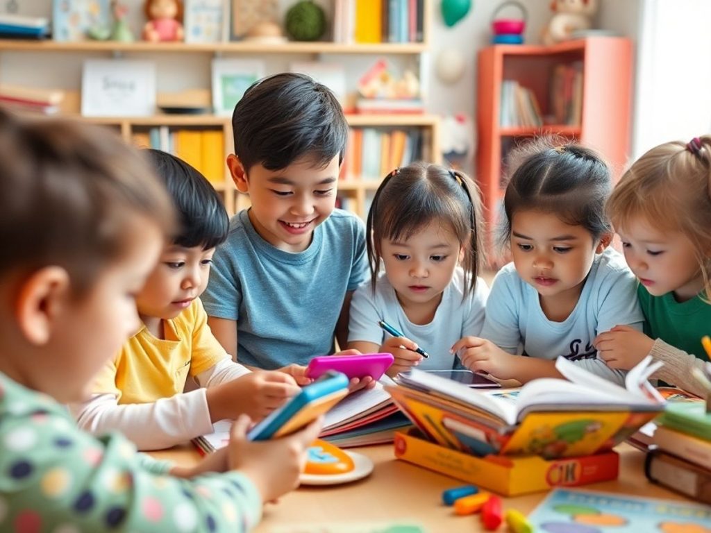 Copii învățând despre educația media prin activități interactive.