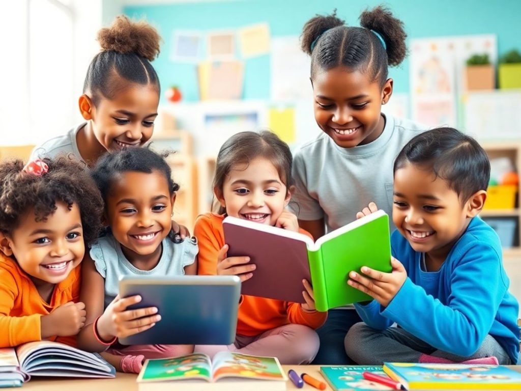 Copii fericiți învățând cu tablete și cărți.