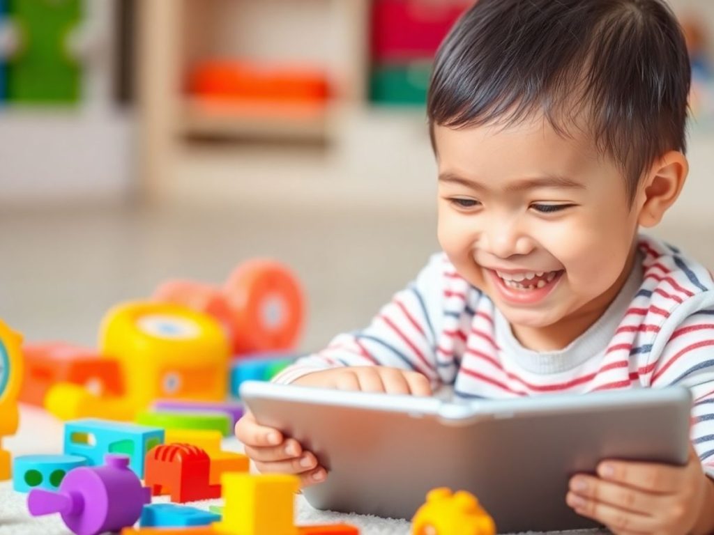 Un copil jucându-se cu o tabletă și jucării educaționale.
