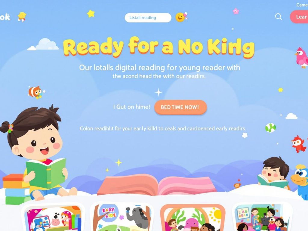 Platformă de lectură digitală pentru copii, cu ilustrații colorate.