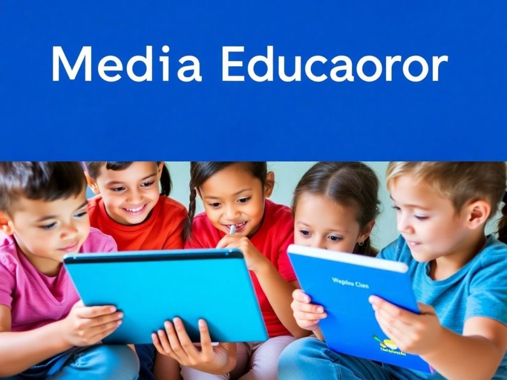 Copii interacționând cu diverse instrumente media.