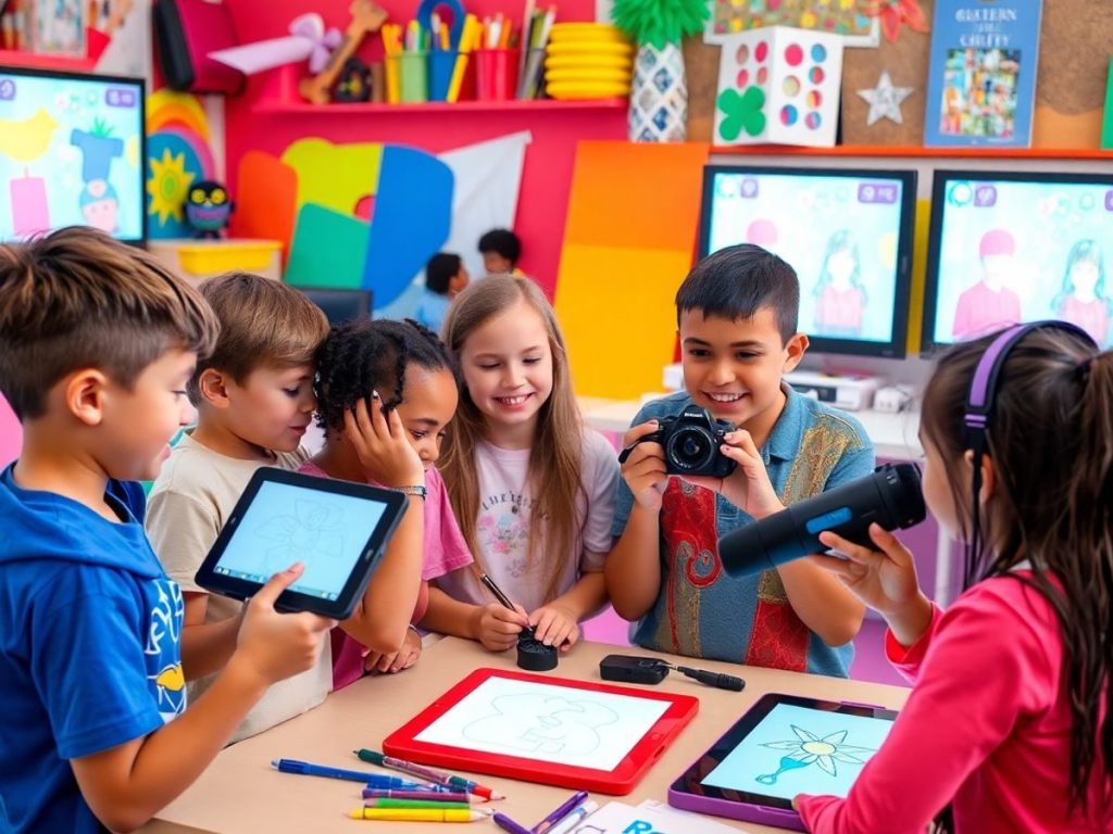 Copii creativi implicati in crearea de continut media.