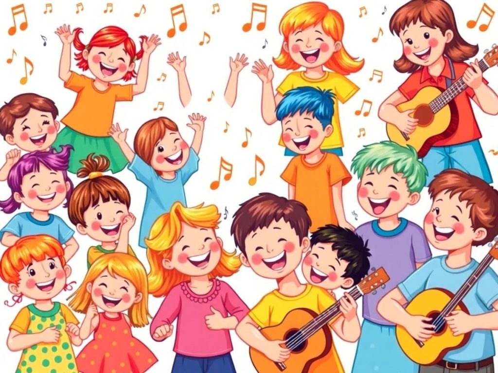 Copii fericiți jucându-se și cântând împreună.
