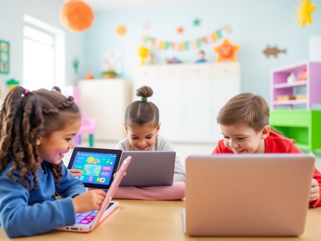 Copii jucându-se cu conținut digital sigur pe tablete.