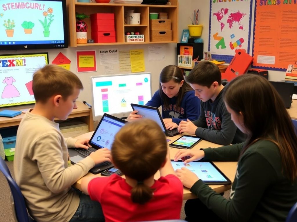 Elevă și elev lucrând la proiecte STEM digitale.