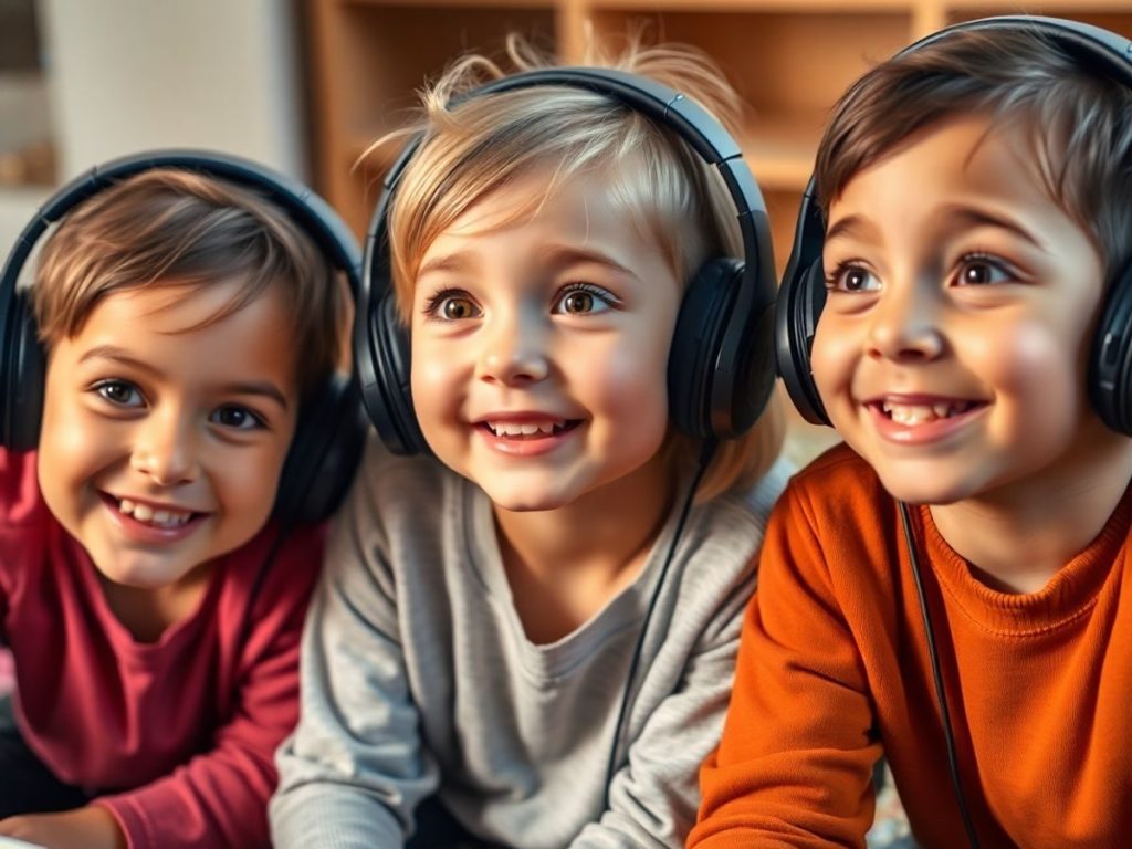 Copii ascultând povești audio, captivați și zâmbitori.