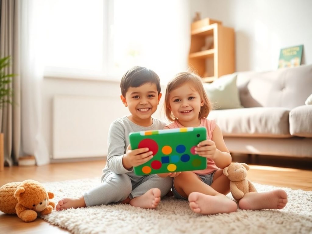 Doi copii preșcolari se joacă și urmăresc un tabletă colorată