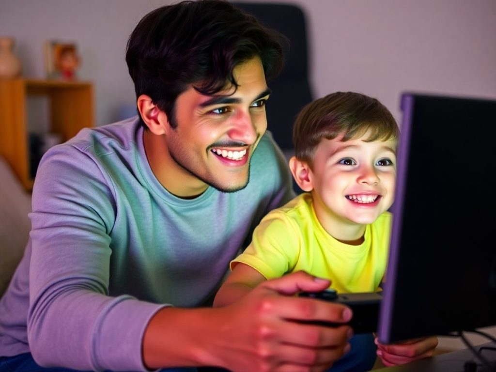 Părinte și copil jucând jocuri video împreună.