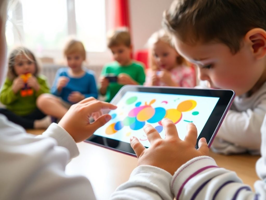 Copii interacționând cu gadgeturi creative.