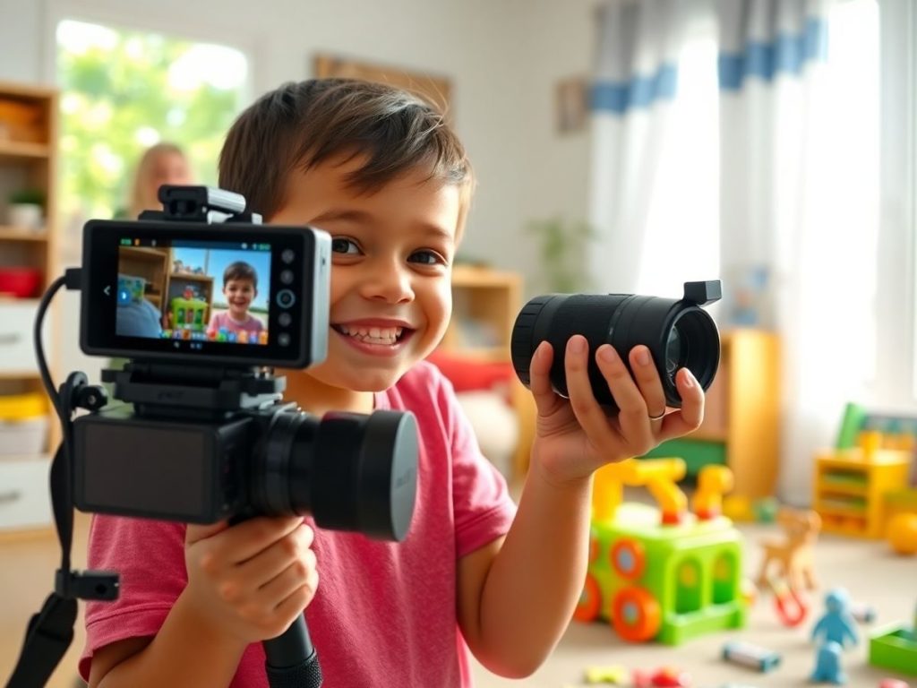 Copil vesel filmând un vlog educativ acasă.