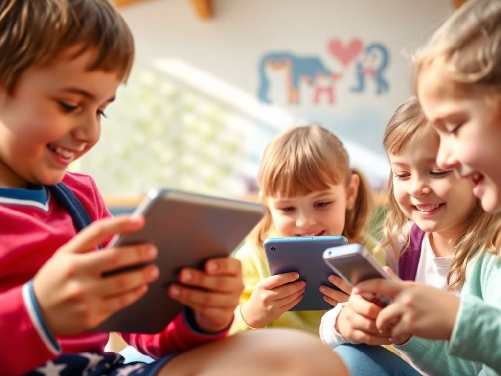 Copii fericiți jucându-se cu tableta în vacanță.