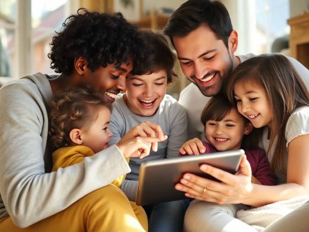 Părinți și copii interacționând cu tehnologie