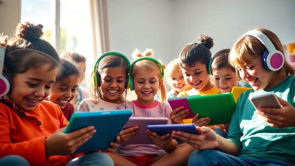 Copii fericiți folosind dispozitive media.