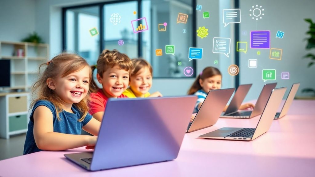 Copii fericiți programând pe laptopuri la o masă modernă.